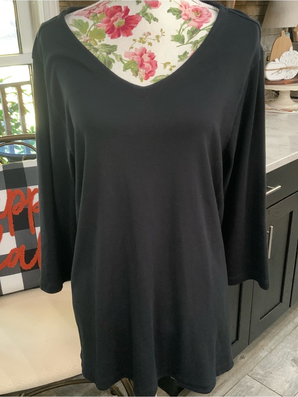 J. Jill Women’s XL Pima Cotton 3/4 Sleeve V Neck Tee Black Knit Capsule Wardrobe